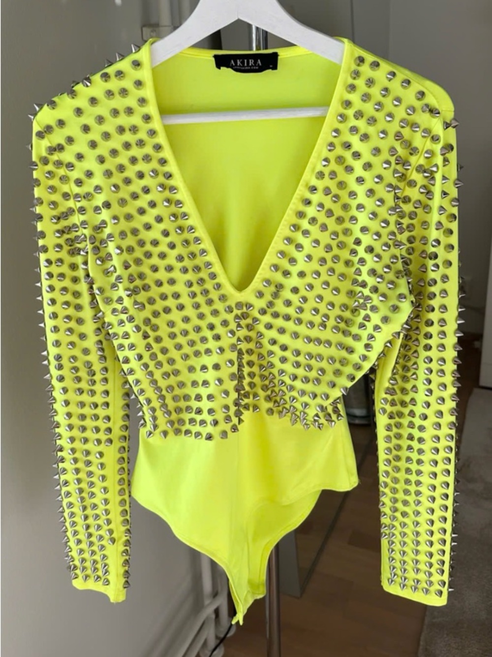 Akira Neon Yellow Studded Woman One-Piece Bodysuit